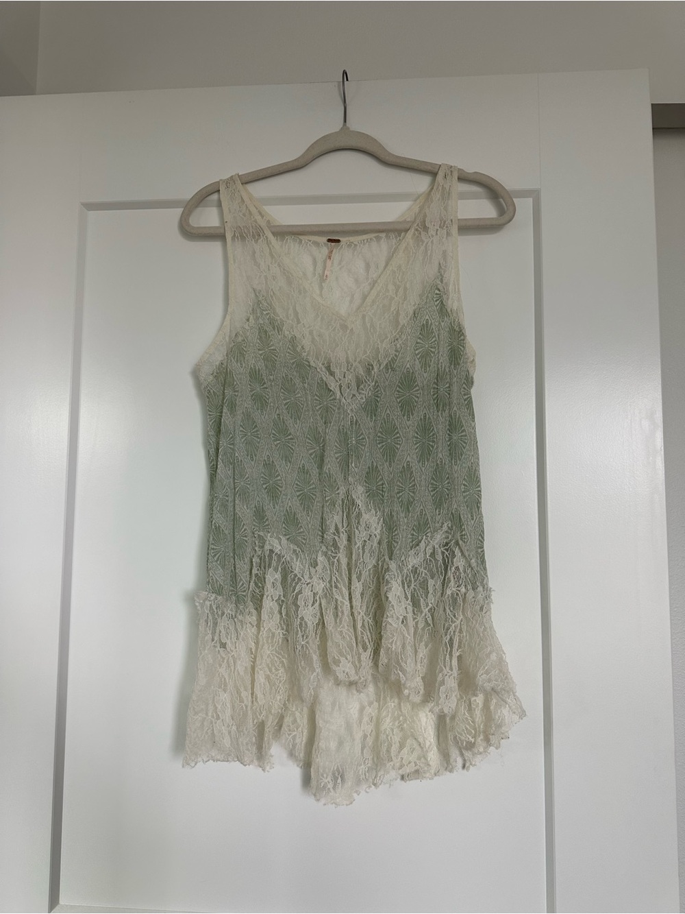 Free People Green Patterned Lace-Trim Camisole